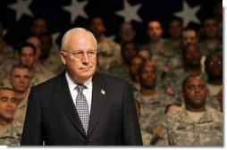 Vice President Dick Cheney attends a Welcome Home rally for troops returning from Iraq at Fort Drum, N.Y., Tuesday, Dec. 6, 2005. "In the four years since our nation was attacked, you've deployed on many fronts in the war on terror, whether the job is dragging mortar tubes through waist-deep snow 9,000 feet up in the Himalayas of Afghanistan, or conducting raids in urban Iraq," said the Vice President. "You know how to take the fight to the enemy and to get the job done right. I'm honored to be in your presence today."  White House photo by David Bohrer