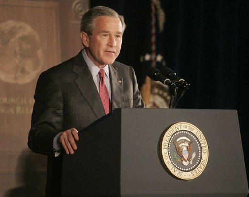 President George W. Bush addresses a meeting of the Council on Foreign Relations, Wednesday, Dec. 7, 2005 in Washington, speaking on the war on terror and the rebuilding of Iraq. White House photo by Kimberlee Hewitt