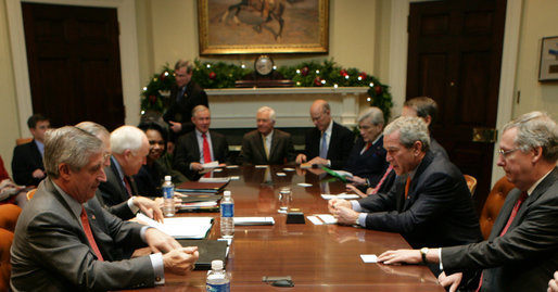 President George W. Bush briefs Republican senators on the War on Terror Tuesday, Dec. 13, 2005, in the Roosevelt Room of the White House. White House photo by Kimberlee Hewitt