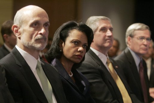 Members of the Cabinet listen as President Bush outlines the strategy Wednesday, Dec. 14, 2005, for victory in Iraq during remarks on the War on Terror at the Woodrow Wilson International Center for Scholars in Washington D.C. From left are: Secretary Michael Chertoff, Department of Homeland Security; Secretary of State Condoleezza Rice; Chief of Staff Andrew Card, and Stephen J. Hadley, Assistant to the President for National Security Affairs. White House photo by Kimberlee Hewitt