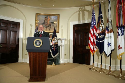 President George W. Bush delivers live radio address from the Roosevelt Room in the White House, Saturday, December 17, 2005. White House photo by Kimberlee Hewitt