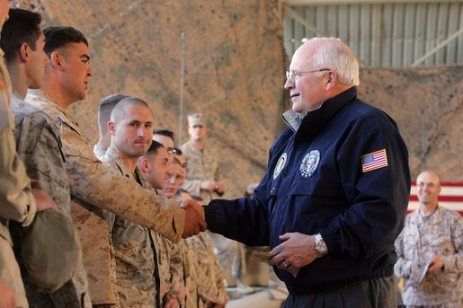 Vice President Dick Cheney attends a rally with US troops at Al-Asad Airbase in Iraq, Dec. 18, 2005. White House photo by David Bohrer
