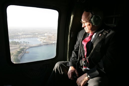 Vice President Dick Cheney travels via Blackhawk helicopter to Baghdad International Airport for a one-day surprise visit to Iraq, Sunday Dec. 18, 2005. White House photo by David Bohrer