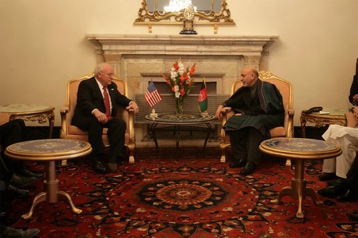 Vice President Dick Cheney and a US delegation meet with Afghan President Hamid Karzai after attending the opening session of the Afghan Parliament, the first elected parliament in more than three decades, in Kabul, Afghanistan Monday, Dec. 19, 2005. White House photo by David Bohrer