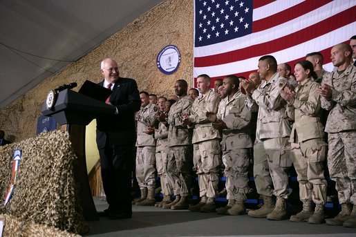 Vice President Dick Cheney receives a welcome from the troops at a rally at Bagram Air Base, Afghanistan Monday, Dec. 19, 2005. White House photo by David Bohrer