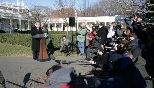 President George W. Bush speaks to reporters on the South Lawn of the White House Wednesday, Dec. 21, 2005, before boarding Marine One for Maryland. Urging Senate to reauthorize the Patriot Act and pass the defense bill, the President said, "There is an enemy that lurks, a dangerous group of people that want to do harm to the American people. and we must have the tools necessary to protect the American people. " White House photo by Kimberlee Hewitt