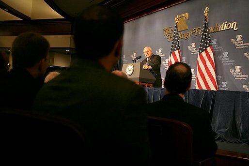 Vice President Dick Cheney remarks on the global war on terror during a speech at the Heritage Foundation in Washington, Wednesday January 4, 2006. White House photo by David Bohrer