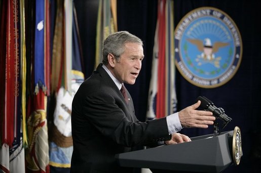 President George W. Bush gestures as he addresses his remarks on the global war on terror, Wednesday, Jan. 4, 2006, to an audience at the Pentagon, following a Department of Defense briefing with Secretary of Defense Donald Rumsfeld and Joint Chiefs of Staff General Peter Pace. White House photo by Eric Draper