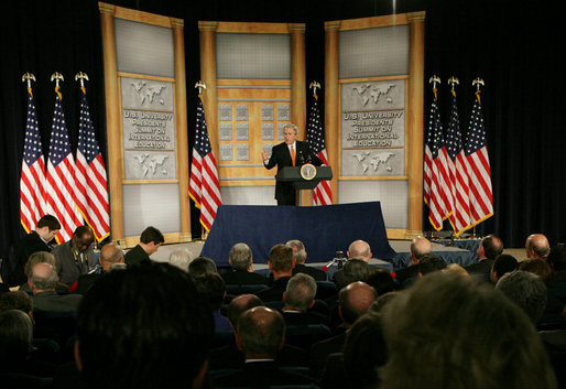 President George W. Bush addresses audience members, Thursday, Jan. 5, 2006, at the U.S. State Department in Washington, during the U.S. University Presidents Summit on International Education. White House photo by Kimberlee Hewitt