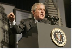 President George W. Bush gestures as he addresses an audience at the Economic Club of Chicago, Friday, Jan. 6, 2006 in Chicago, discussing the strength and growth of the U.S. economy. White House photo by Kimberlee Hewitt