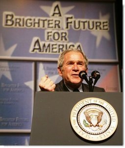 President George W. Bush gestures as he addresses the Economic Club of Chicago, Friday, Jan. 6, 2006 in Chicago, discussing the strength and growth of the U.S. economy.  White House photo by Kimberlee Hewitt