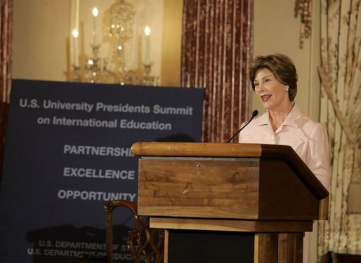 Laura Bush delivers remarks during the U.S. University Presidents Summit on International Education at the U.S. State Department Friday, Jan. 6, 2006. White House photo by Shealah Craighead