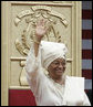 Liberian President Ellen Johnson Sirleaf waves to the audience at her inauguration in Monrovia, Liberia, Monday, Jan. 16, 2006. President Sirleaf is Africa's first female elected head of state. Mrs. Laura Bush and U.S. Secretary of State Condoleezza Rice attended the ceremony. White House photo by Shealah Craighead