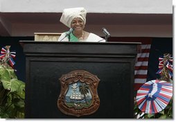 Liberian President Ellen Johnson Sirleaf addresses the audience at her inauguration in Monrovia, Liberia, Monday, Jan. 16, 2006. President Sirleaf is Africa's first female elected head of state. Mrs. Laura Bush and U.S. Secretary of State Condoleezza Rice attended the ceremony. White House photo by Shealah Craighead