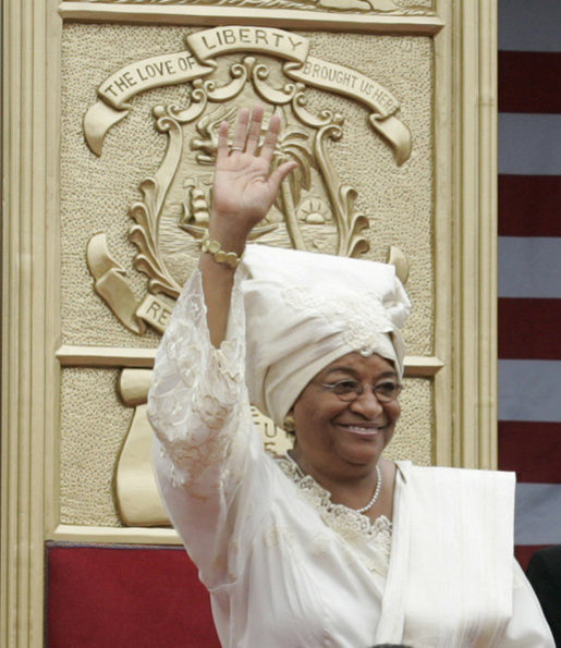 Liberian President Ellen Johnson Sirleaf waves to the audience at her inauguration in Monrovia, Liberia, Monday, Jan. 16, 2006. President Sirleaf is Africa's first female elected head of state. Mrs. Laura Bush and U.S. Secretary of State Condoleezza Rice attended the ceremony. White House photo by Shealah Craighead