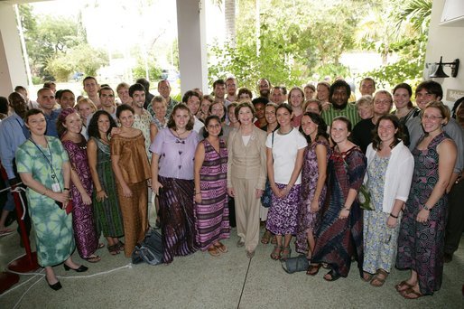 Mrs. Laura Bush poses with Peace Corps volunteers Tuesday, Jan. 17, 2006, at the home of the U.S. Ambassador in Accra, Ghana. Ghana was the first assignment for the organization, which marks its 45th anniversary this year. White House photo by Shealah Craighead