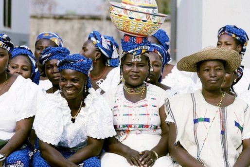 Traditional Nigerian dancers smile as they participate Wednesday, Jan. 18, 2006, in the festivities surrounding the visit by Laura Bush to St. Mary's hospital in Gwagwalada, Nigeria. White House photo by Shealah Craighead