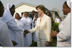 Laura Bush is greeted at Saint-Mary's Catholic Hospital in Gwagwalada, Nigeria Wednesday, Jan. 18, 2006.  White House photo by Shealah Craighead
