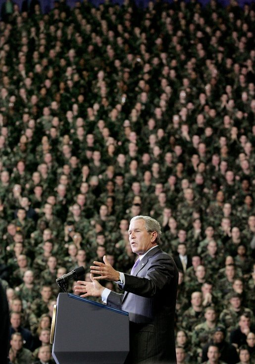 President George W. Bush delivers remarks on the global war on terror at Kansas State University in Manhattan, Kan., Monday, Jan. 23, 2006. Pictured behind the President are 1,000 military personnel from Fort Riley, Kan. White House photo by Eric Draper