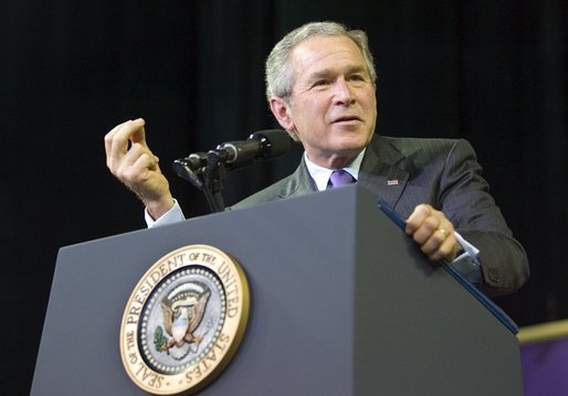 President George W. Bush delivers remarks on the global war on terror at Kansas State University in Manhattan, Kan., Monday, Jan. 23, 2006. "History has shown that democracies yield the peace, said the President talking about the War or Terror and Iraq. "Europe is free, whole, and at peace because the nations are democratic." White House photo by Eric Draper