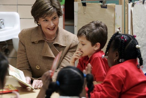 Laura Bush reads with children Wednesday, Jan. 26, 2006 during a visit to the kindergarten class at the Alice M. Harte Elementary School in New Orleans, La. White House photo by Shealah Craighead