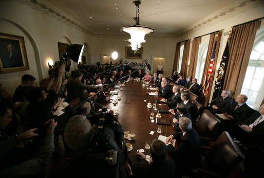 With members of the media looking on, President George W. Bush meets with the Cabinet Monday, Jan.30, 2006, in the Cabinet Room of the White House. White House photo by Eric Draper