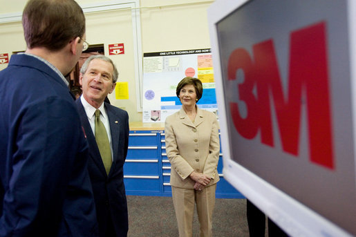 President George W. Bush and Laura Bush tour the 3M Research and Development Laboratory in Maplewood, Minn., Thursday, Feb. 2, 2006. White House photo by Eric Draper