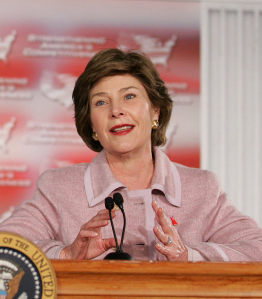 Mrs. Laura Bush addresses an audience Friday, Feb. 3, 2006 in Rio Rancho, New Mexico, reminding people of the proclamation signed by President George W. Bush earlier in the day making February American Heart Month, and encouraging Americans to remember that heart disease is the number one killer and to take efforts through healthy eating, exercise and regular check-ups to prevent heart disease. White House photo by Eric Draper