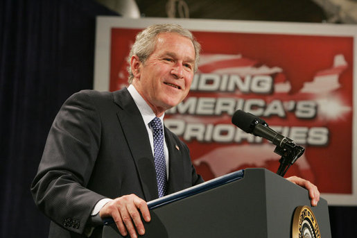 President George W. Bush addresses his remarks on the 2007 Budget and the Deficit Reduction Act of 2005, in a speech to the Business and Industry Association of New Hampshire, Wednesday, Feb. 8, 2006 in Manchester, N.H. White House photo by Paul Morse