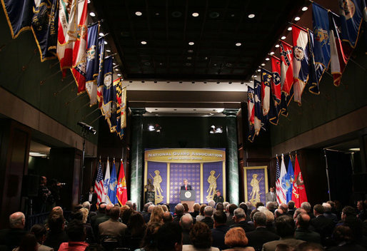 President George W. Bush addresses his remarks on the global war on terror Thursday, Feb. 9, 2006 to an audience at the National Guard Memorial Building in Washington. White House photo by Paul Morse