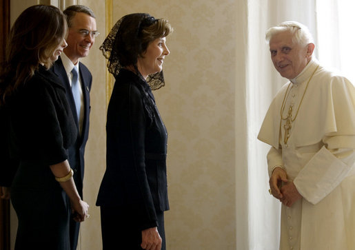Mrs. Laura Bush, daughter Barbara Bush and Francis Rooney, U.S. Ambassador to the Vatican, are welcomed by Pope Benedict XVI, Thursday, Feb. 9, 2006 at the Vatican. White House photo by Shealah Craighead