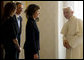 Mrs. Laura Bush, daughter Barbara Bush and Francis Rooney, U.S. Ambassador to the Vatican, are welcomed by Pope Benedict XVI, Thursday, Feb. 9, 2006 at the Vatican. White House photo by Shealah Craighead