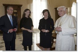 Mrs. Laura Bush, daughter Barbara Bush and Francis Rooney, U.S. Ambassador to the Vatican, meet in a private audience with Pope Benedict XVI, Thursday, Feb. 9, 2006 at the Vatican.  White House photo by Shealah Craighead