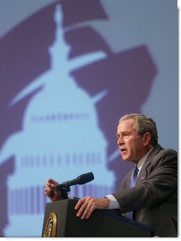 President George W. Bush gestures as he addresses an audience Friday, Feb. 10, 2006 at the House Republican Conference in Cambridge, Md. White House photo by Kimberlee Hewitt