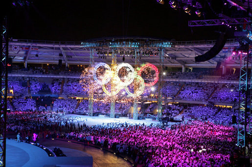 Fireworks in the design of the Olympic rings is a highlight moment during the 2006 Winter Olympics opening ceremony in Turin, Italy, Friday, Feb. 10, 2006. White House photo by Shealah Craighead