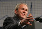 President George W. Bush addresses an audience Wednesday, Feb. 15, 2006 at Wendy's International, Inc. corporate headquarters in Dublin, Ohio, speaking on his commitment to help all Americans gain access to affordable, high-quality health care. White House photo by Paul Morse