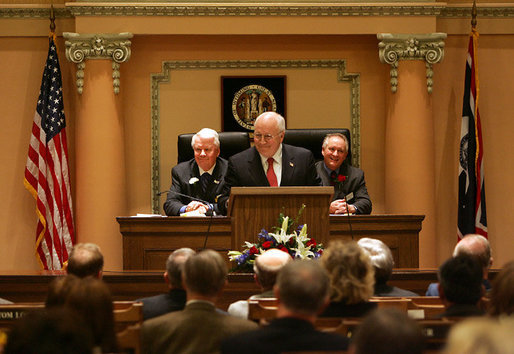 Vice President Cheney recounts his early days in politics during an address to a joint session of the Wyoming State Legislature in Cheyenne, Friday, February 17, 2006. “I would not be where I am today were it not for the friendship and the confidence of people all across this state,” the Vice President said. “It's always good to be home. And this morning, as an officeholder -- and, more than that, as a citizen of Wyoming -- I count it a high honor to be in such distinguished company.” White House photo by David Bohrer