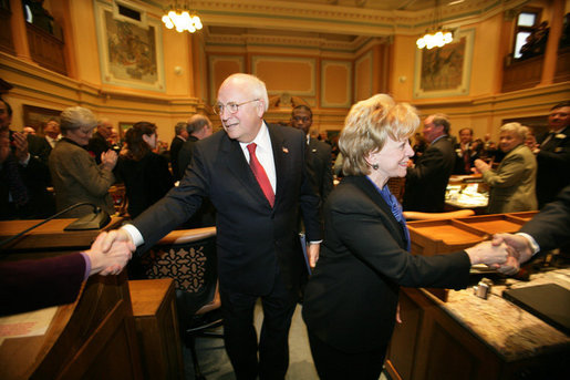 Vice President Dick Cheney and Mrs. Lynne Cheney shake hands with members of the Wyoming State Legislature as they depart the State Capitol in Cheyenne, Friday, February 17, 2006. White House photo by David Bohrer