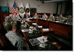 President George W. Bush joins CENTCOM and SOCOM Commanders for a briefing at the United States Central Command Headquarters in Tampa, Florida, Friday, Feb. 17, 2006.  White House photo by Eric Draper
