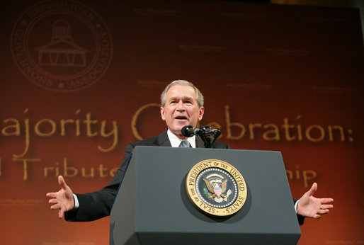 President George W. Bush gestures as he addresses an audience at the Republican National Governors Association reception, Monday evening, Feb. 27, 2006 at the National Building Museum in Washington. White House photo by Kimberlee Hewitt