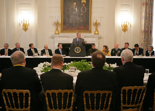 President George W. Bush addresses a meeting of the National Governors Association, Monday, Feb. 27, 2006, in the State Dining Room of the White House. President Bush told the governors that by working together we have got a chance to achieve some big things for the country. White House photo by Paul Morse