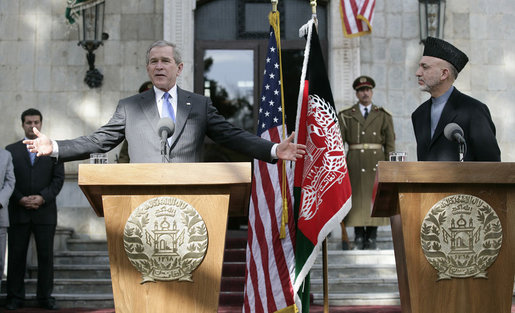 President George W. Bush gestures as he speaks during a press availability Wednesday, March 1, 2006, with Afghanistan President Hamid Karzai at the Presidential Palace in Kabul. "One of the messages I want to say to the people of Afghanistan," President Bush said, " is it's our country's pleasure and honor to be involved with the future of this country." White House photo by Eric Draper