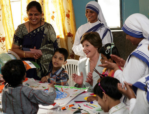 Mrs. Laura Bush meets with teachers and children, Thursday, March 2, 2006, during her visit to Mother Teresa's Jeevan Jyoti (Light of Life) Home for Disabled Children in New Delhi, India. White House photo by Shealah Craighead