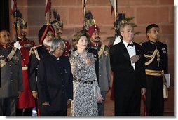 President and Mrs. Bush stand with India's President A.P.J. Abdul Kalam during the playing of their respective national anthems Thursday, March 2, 2006, at the State Dinner in New Delhi.  White House photo by Eric Draper