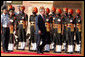 President George W. Bush participates in the troop review Thursday, March 2, 2006, during the arrival ceremony at Rashtrapati Bhavan in New Delhi. White House photo by Paul Morse