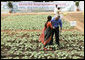 President George W. Bush greets a student in the middle of a field during his visit Friday, March 3, 2006, to the Acharya N.G. Ranga Agriculture University in Hyderabad, India. The President ended his visit to India Friday, flying to Pakistan for a day before heading back to Washington. White House photo by Eric Draper