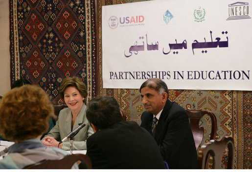 Mrs. Laura Bush attends a roundtable discussion during an Education Through Partnerships meeting with representatives from USAID, UNESCO & CRI at library at the U.S. Embassy , Saturday, March 4, 2006 in Islamabad, Pakistan. White House photo by Shealah Craighead