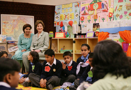 Mrs. Laura Bush observes a class lesson in the Children's Resources International clasroom at the U.S. Embassy , Saturday, March 4, 2006 in Islamabad, Pakistan. White House photo by Shealah Craighead