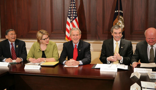 President George W. Bush joins members of the Academic Competitiveness Council Monday, March 6, 2006, during a meeting at the Eisenhower Executive Office Building. From left are: Secretary Norman Mineta, Department of Transportation; Secretary Margaret Spellings, Department of Education; Secretary Carlos Gutierrez, Department of Commerce, and Secretary Samuel Bodman, Department of Energy. White House photo by Kimberlee Hewitt