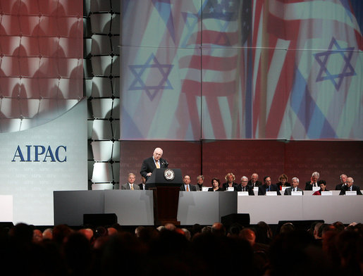 Vice President Dick Cheney addresses the American Israel Public Affairs Committee (AIPAC) 2006 Annual Policy Conference in Washington, Tuesday, March 7, 2006. During his remarks the vice president commented on the unwavering allied relationship between the US and Israel in the global war on terror and discussed the development of democracy and need for security throughout the Middle East. White House photo by David Bohrer
